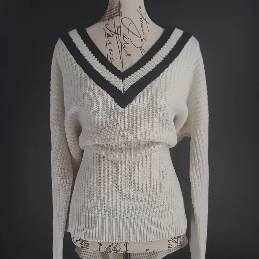 JW Style Cable knit Preppy ladies oversized sweater white&black Size Med Coastal - Picture 2 of 11